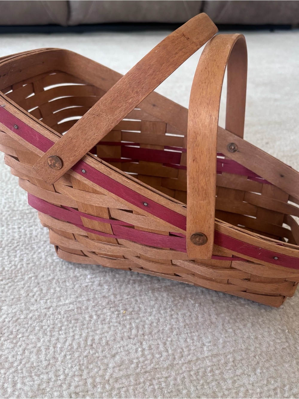 Longaberger 1991 Natural Wood Basket with Raspberry Accent
